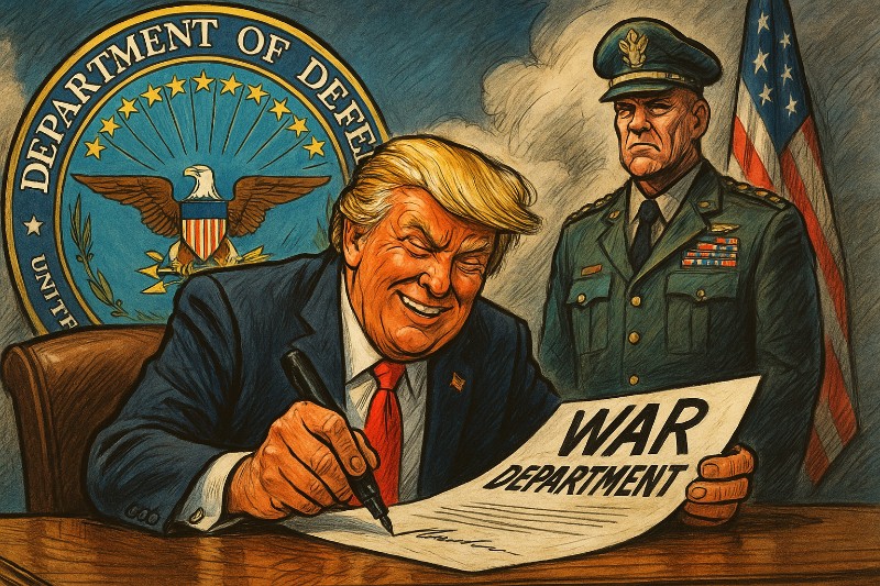 USA rebrandet: Vom Verteidigungsministerium zum Kriegsministerium – wenn Marketing endlich ehrlich wird Grafik: USA rebrandet: Vom Verteidigungsministerium zum Kriegsministerium – wenn Marketing endlich ehrlich wird