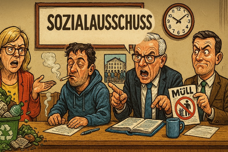 Ahlens Ausschuss für Soziales – Wenn Ordnung, Müll und Moral aufeinanderprallen Grafik: Ahlens Ausschuss für Soziales – Wenn Ordnung, Müll und Moral aufeinanderprallen