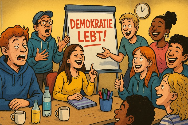 Demokratie lebt – und trinkt Apfelschorle in der VHS Grafik: Demokratie lebt – und trinkt Apfelschorle in der VHS
