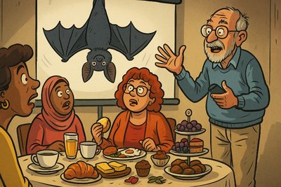 Fledermaus trifft Frauenfrühstück – Wenn Umweltschutz auf Eierlikörkuchen fliegt Grafik: Fledermaus trifft Frauenfrühstück – Wenn Umweltschutz auf Eierlikörkuchen fliegt
