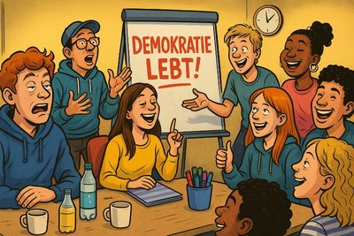 Demokratie lebt – und trinkt Apfelschorle in der VHS Grafik: Demokratie lebt – und trinkt Apfelschorle in der VHS